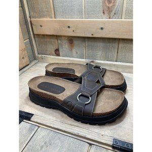 𝅺AIRWALK Sandals Women's 10 Brown Leather Fashion Slip On Slide Mule Shoes